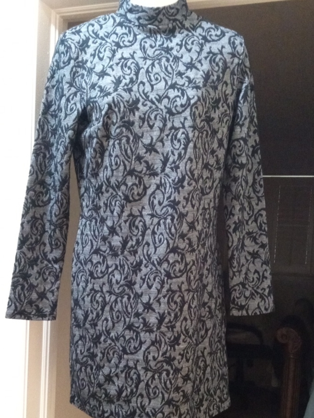 Splash Gothic Style Long Sleeve Mock Neck Dress in Black and Gray Scroll